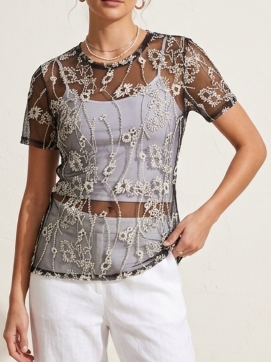 Karen Kane Tops - Karen Kane Women’s L Sheer Mesh Black/Cream Embroidered Short Sleeve Top Boho